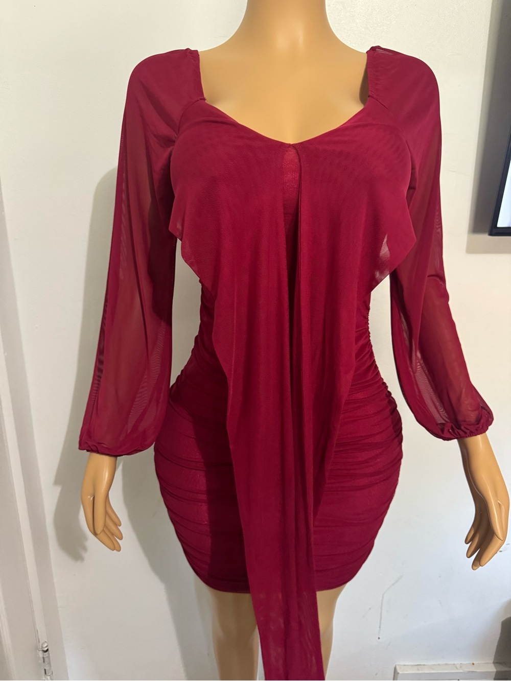 Allegra K Wine Red Long-Sleeve Sheer Sleeve Ruched Bodycon Dress